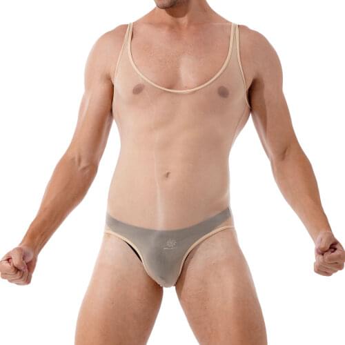 Breathable Men Lingerie Erotic Teddies Bodysuit Sleepwear Glossy O Neck Underwear See-through Leotard Party Honeymoon Clothing