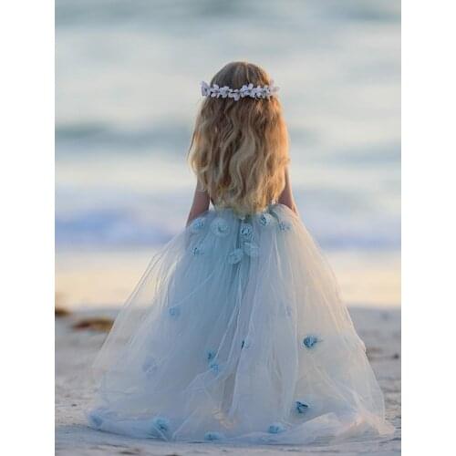 Custom made flower lace light blue girl ball gown dress