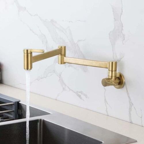 Brass Kitchen Faucets Brushed Gold New Sink Mixer Taps Wall Mounted Dual Handle Single Cold Foldable Stretch & Rotatable Type