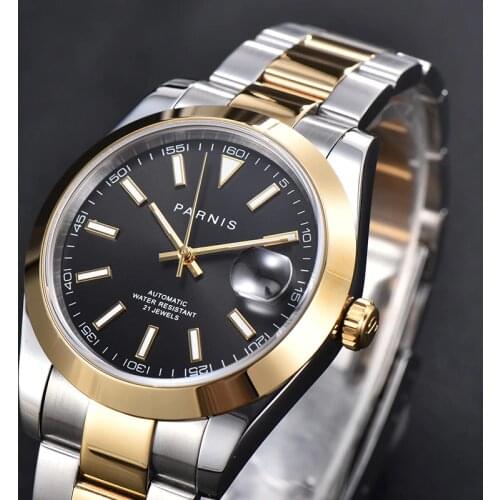 Fashion Parnis Black Dial Automatic Mens Watches Calendar 21 Jewels Mechanical Men Watch reloj hombre marca de lujo 2020 man