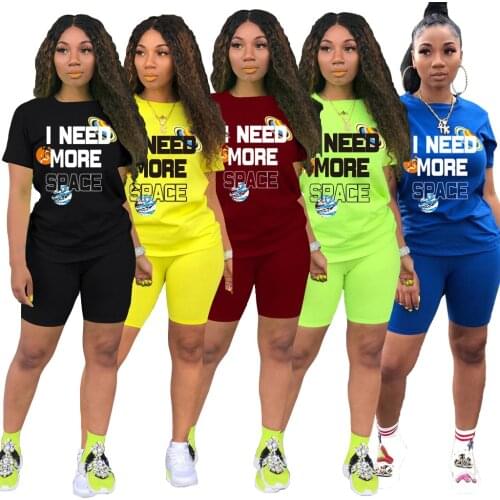 Fashion Letter Print Women 2 Piece Set Summer Short Sleeve T-Shirt And Biker Shorts Suit Casual Female Tracksuit Matching Sets