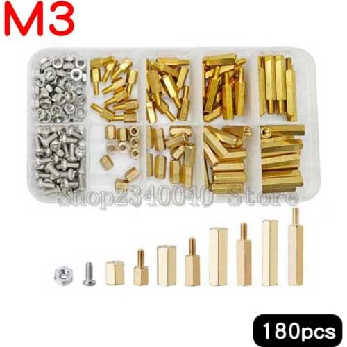 180pcs/set M3 Brass Standoff Spacer Kit Hex Nut Spacing Screw Brass Threaded Pillar PCB Motherboard Standoff Spacer Kit