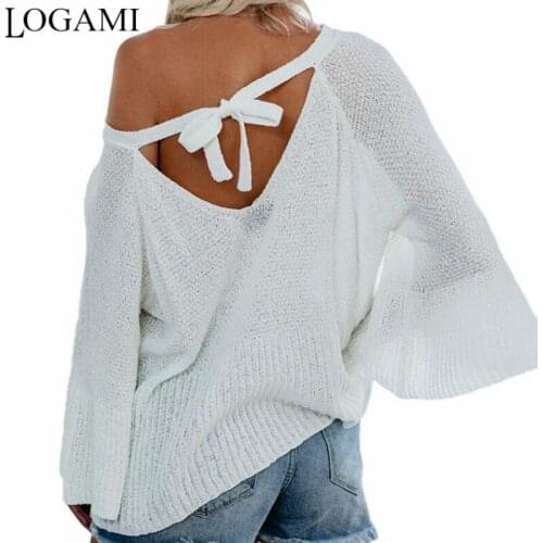 LOGAMI Lace Up Backless Pullovers Women Flare Sleeve Loose Sexy Thin Sweater Womens Knitting Pullover