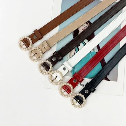 Women Luxury Designer Belt Leather Belts for Jeans Dresses Round Pearl Studded Buckle Girls Ladies Fashion Decorative Waistband