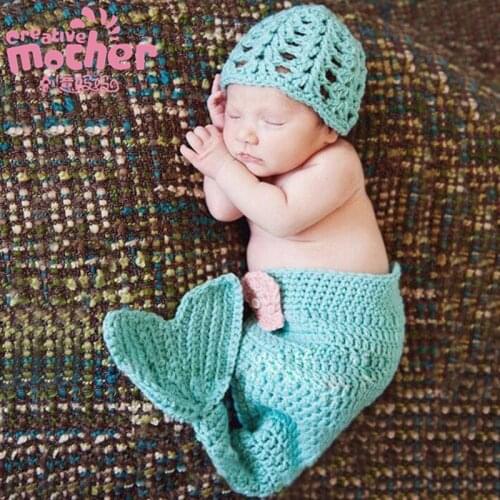 Handmade Newborn Photography Props Crochet Infant Cute Baby Hat Costume Set Animal Mint Mermaid Kids Clothing Accessories