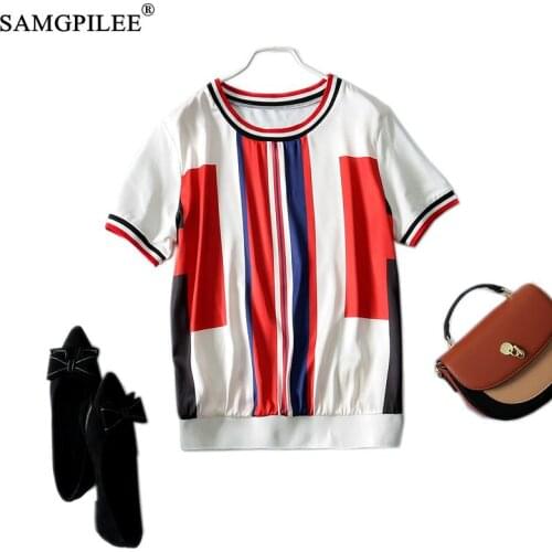 Vertical Pattern Imitation Silk Feel O Neck Straight Short Sleeve All-match Female T-shirt 2021 Summer Women Clothing Plus Size