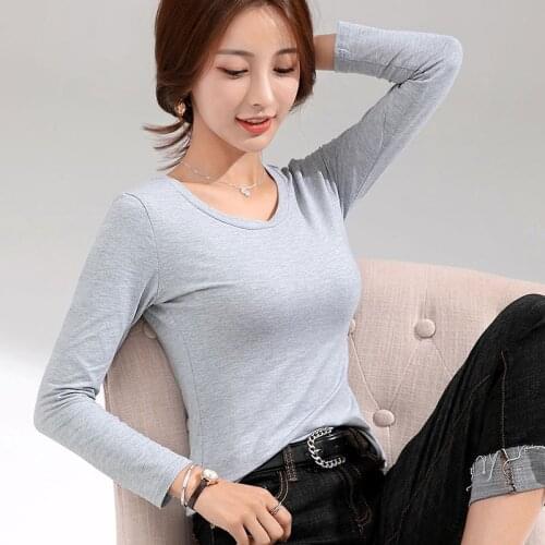 Casual Basic T shirts Women 2021 Autumn O-neck Cotton Full Sleeve Stretch Solid Women Under shirts Ladies Pullover Leisure