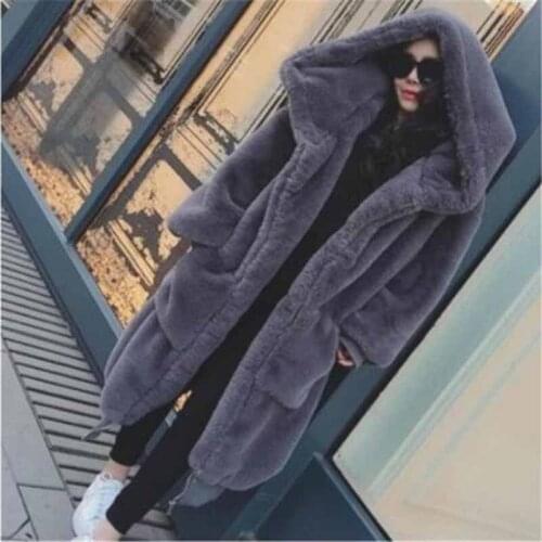 Harajuku Large size Faux Rabbit hair fur Coat Women Winter Thicken Warm Hooded Jackets Female Loose Outerwear Long Basic Coats