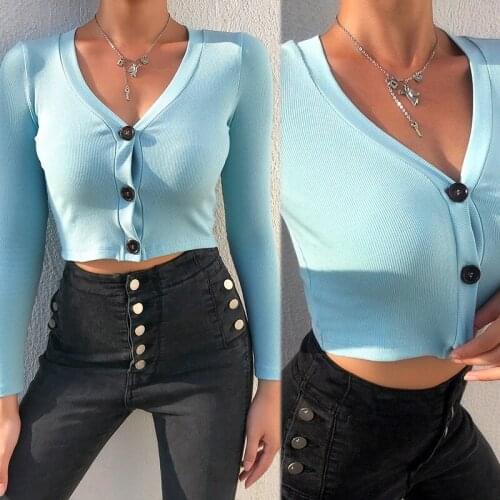 V-Neck Knitted Long Sleeve Shirt Women Cropped Bodycon Spring Autumn T Shirt Casual Blue Tee Shirt