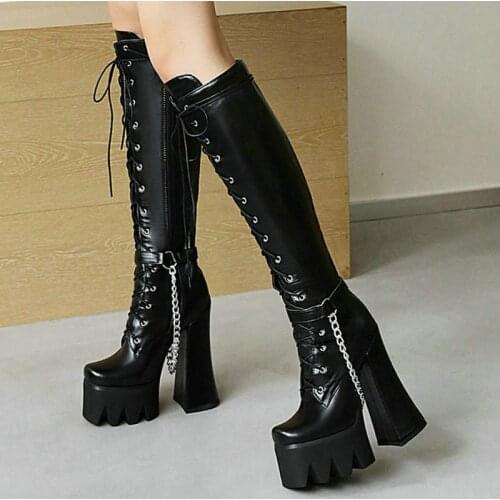 2021 Women Knee High Boots Platform Square High Heel Ladies Motorcycle Boots PU Leather Cross Tied Zipper Womens Boots Black