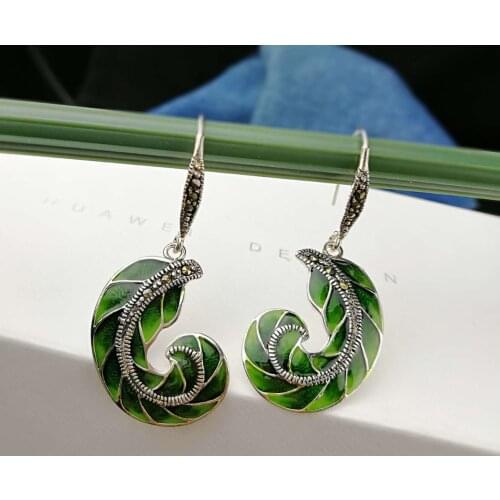 BOCAI New S925 Silver Jewelry Inlaid Gold Branches and Jade Leaf Woman Earrings 2021 Fashion Enamel Ear Jewelry