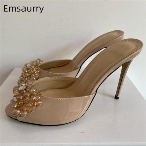 Beaded Crystal Flower Buckle Party Sandals Women 10cm Stiletto Heel Sexy Peep Toe Slingbacks Runway Mules For Girls