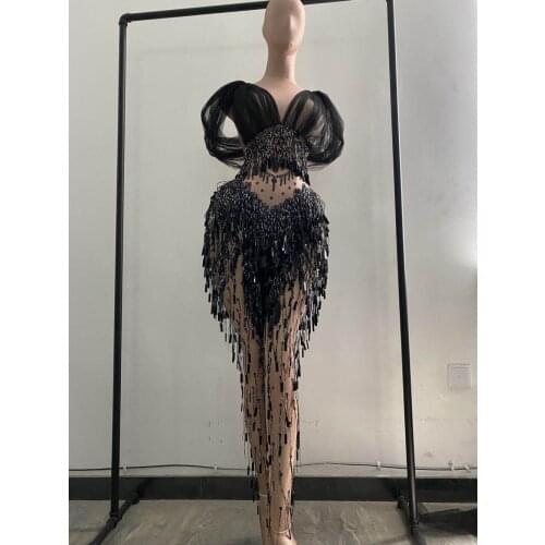 Black Sequine Fringe Spandex Jumpsuit Women Dancer DS Show Leggings Bar Birthday Prom Outfit Singer Costume Outfit