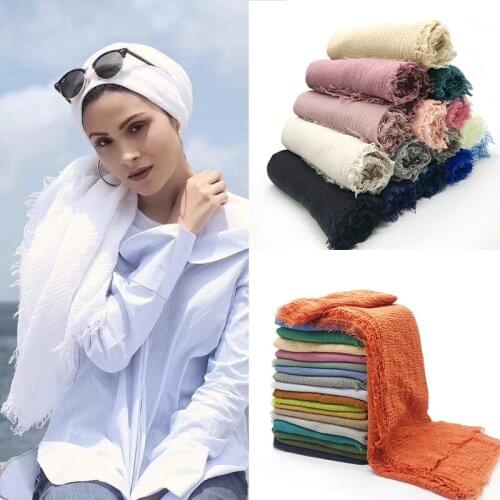 Pleat Cotton Blend Soft Jersey Scarf Hijabs Women Solid Color Vacation Head Wraps Long Scarves Turban Headband Muslim Fashion