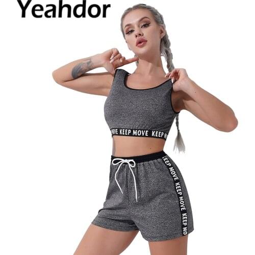 Women Sport Suit Yoga Outfit Sportwear Wide Shoulder Straps Cropped Vest Tops and Shorts Set for Running Workout Gym Fitness