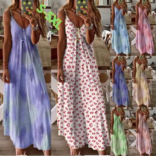 Women Summer Dress Sexy Sleeveless Print Sundresses V-Neck Floral Maxi Dresses Robe Femme Plus Sizes