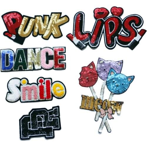 One Gold And Silver Sequin towel letter smile Dance Cat Balloon Embroidery Patch Stripe DIY Ironing Sewn Patch Bag Badge