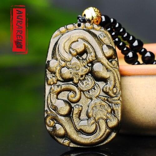 AURAREIKI Golden Obsidian Chinese Mythology PI XIU Pendant Necklace Natrual Obsidian Carved Amulet Jewelry Ornament Mala Unisex