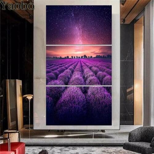 5D Diamond Painting Lavender romantic field landscape 3 Pieces Home Decoration Full Drill Square Embroidery Handicraft Art
