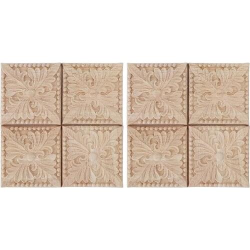 8Pcs Wood Carved Appliques,Wood Onlays Carving Checkered Unpainted Decal for Door Bed Cabinet Cupboard Furniture Decor