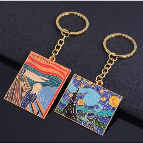 Classic Van Gogh Painting Starry Sky Munch Scream Pendant Keychain Alloy Dripping Oil Key Ring Accessories Emo Jewelry Gifts