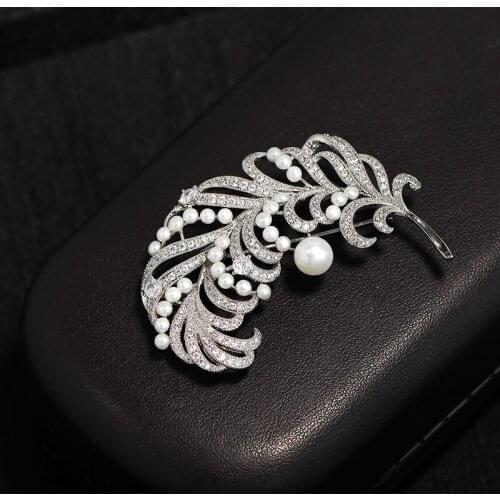 58X32mm Silver Plated Real Freshwater Pearl Feather Brooch With Zircon Classic Jewelry