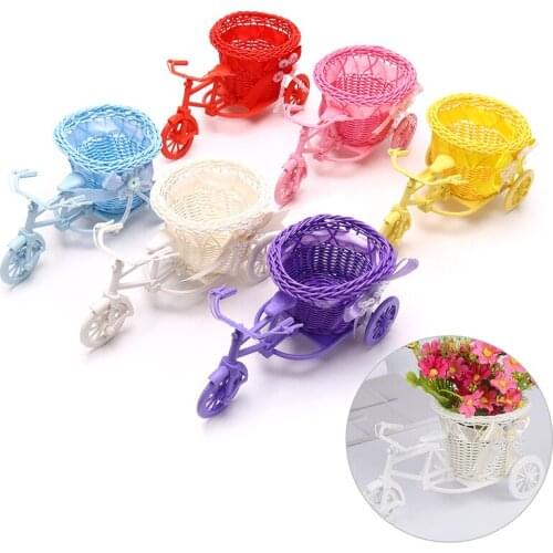 Flower Basket Rattan Flower Basket Vase Tricycle Bicycle Model Home Garden Wedding Party Decor Crafts Figurines Miniatures 2021