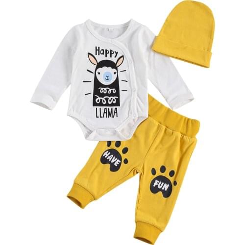 Baby Girls Boys Letter Print Clothes Set Long Sleeve Jumpsuit Cartoon Animal Patterns + Elastic Waist Pants + Hat