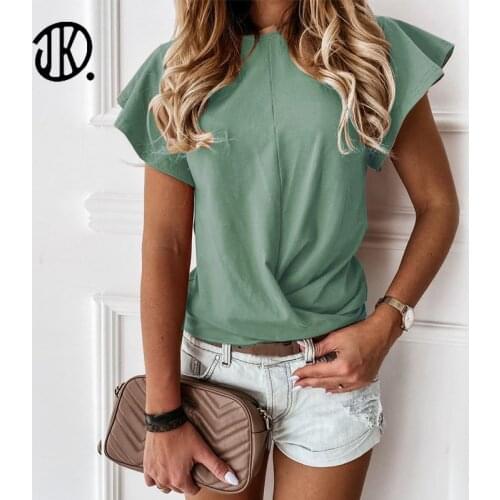 Elegant Ruffle Short Sleeve T-shirt For Female Solid Color Summer Tops New Casual Streetwear Summer Bottoming Tee Girl Crop Tops