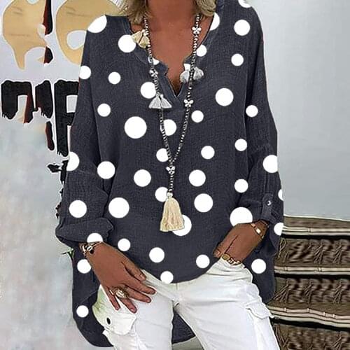 Dot Print Cotton Linen Oversized T Shirt Women Casual Long Sleeve Loose V-neck Tshirt Plus Size Elegant Pullover Mujer Camisetas