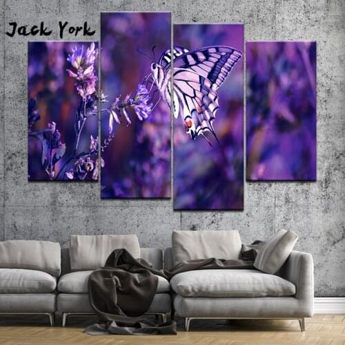 Canvas Painting lavender and butterfly 4 Pieces Wall Art Painting Framework Modular Wallpapers Poster Print Home Decor