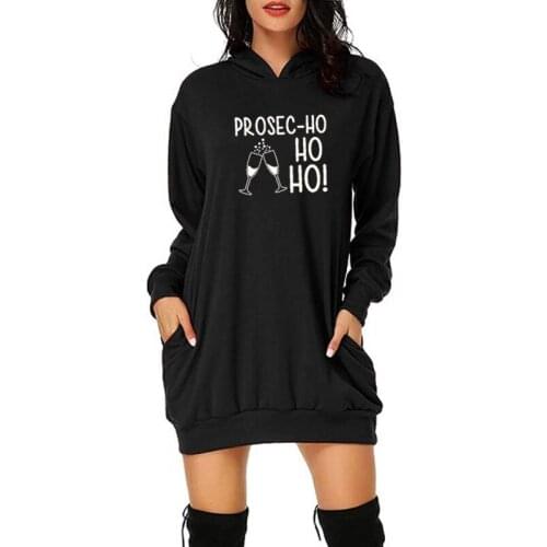 Prosec-Ho Ho Ho Hoodies Holiday Women Funny Christmas Cute Graphic Hoodie Casual Loose Long Autumn Sweatshirt Dress Plus Size