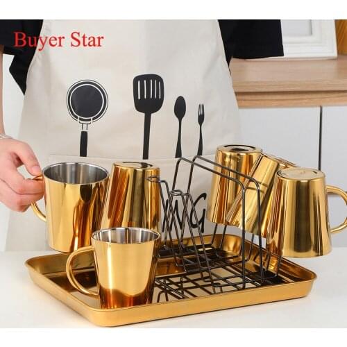 1/7/8PCS Kitchen Stainless Steel Coffee Mug Double Wall Drinking Milk Cup With Holder Metal Food Dessert Plate Home Decor New