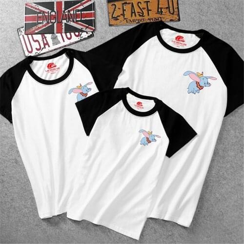 Summer Girls And Boys Dumbo Print T-shirt Family Tees Blackwhite T Shirt Casual Short Sleeve Baby Tops Matching Clothes Cozy