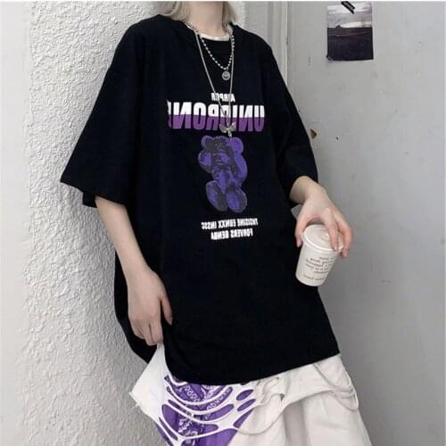Summer Harajuku Punk Gothic Korean Purple Letter Bear Cartoon Print Chic Cotton Dark Oversized Hip Hop vintage women T-shirt