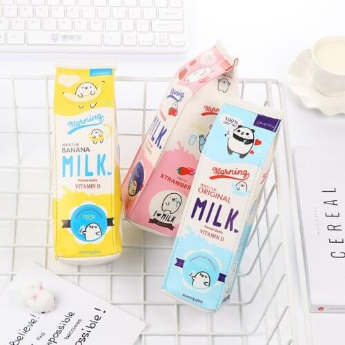 Cartoon Morning Milk PU Leather Pencil Stationery Case Storage Organizer Bag School Office Supply Escolar