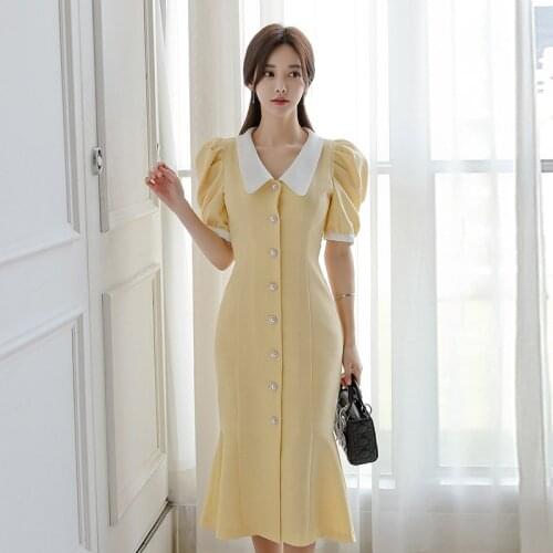 New arrival fashion dress women elegant summer vintage puff sleeve pearl button sweet temperament yellow mermaid midi dress
