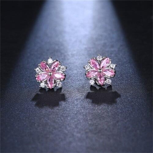 ORZTOON Fashion White Pink Peach Flower Zircon Stud Earrings for Women Retro Unusual Cute Earring Trendy Bridal Wedding Jewelry