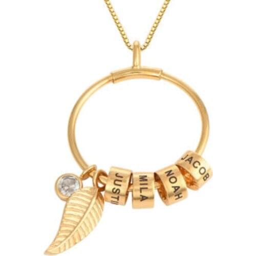 Personalized 1-7 Name Beads Birthstone Necklace for Women Custom Stainless Steel Leaf Pendant Necklaces Birthday Gift