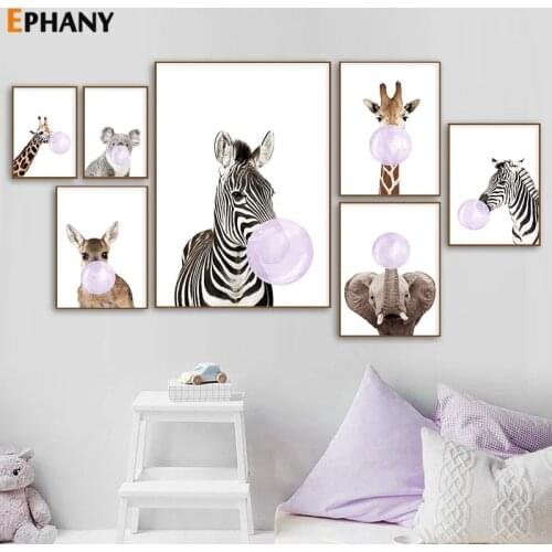 Pink Bubble Baby Animal Canvas Painting Poster Nursery Zebra Giraffe Wall Art Nordic Kids Bedroom Decoration Print Picture