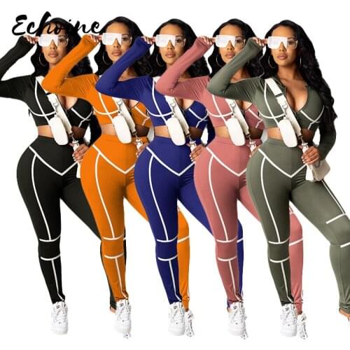 Sexy Bodycon 2 Piece Set Women O-Neck Skinny Striped Long Sleeve Autumn Fashion Elastic Hight Clubwear Slim Streetwear Outfit