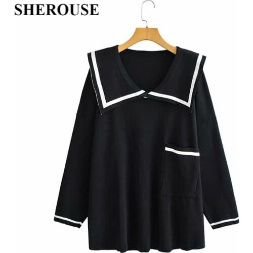 DUOPERI Fashion Women Knit Sweater Top Sailor collar Knitwear Elegant Long sleeves Knitted sweaters Pullover Woman Tops