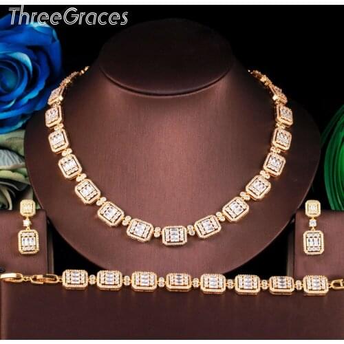 ThreeGraces Gorgeous White Square CZ Dubai Gold Earrings Choker Necklace Bracelet Bridal Wedding Jewelry Sets for Women TZ578