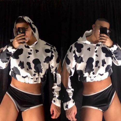 Cow Color Hoodie Briefs Shorts Male Novelty Stage Performance Wear Rave Outfits Gogo Costumes Jazz Men Pole Dance Clothes XS1144