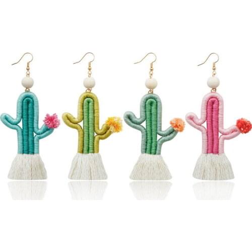 Cotton Thready Wrapped Cactus Dangle Earrings for Women Fashion Desert Natural Wood Bead Pom Pom Earrings Wholesale