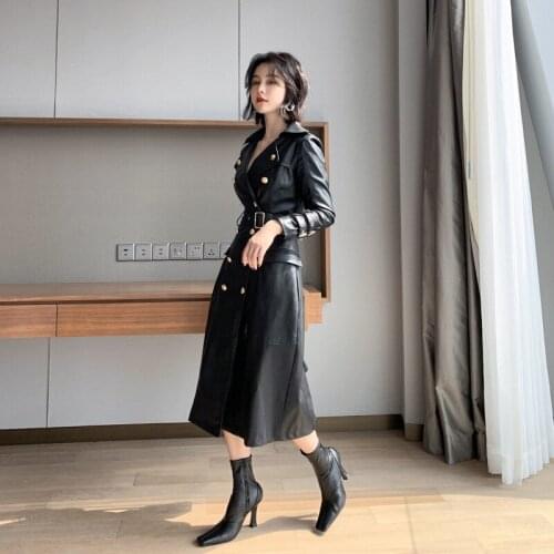 Woman Long Sleeve Double Button Long PU Leather Jacket Loose Faux Leather Oversized Black Long Autumn Womens Leather Jacket