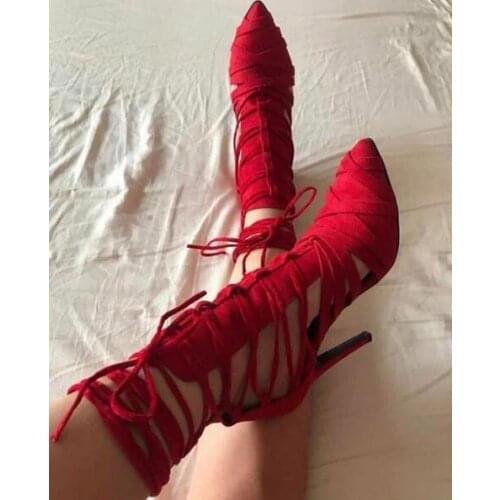 Moraima Snc Sexy Pointed Toe Woman Sandal Red Black Suede Lace-up Cutouts Gladiator Shoes Summer Thin heels Sandal