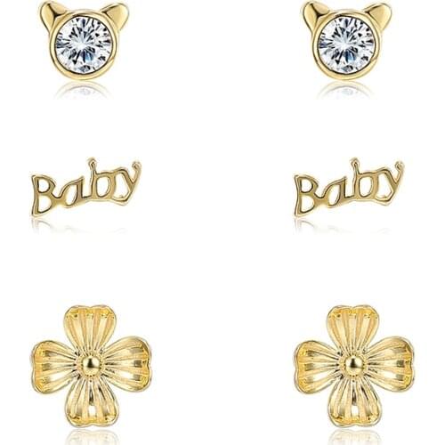 ZEMIOR 925 Sterling Silver Letter BABY & Cute Flower Stud Earrings Sets For Women Round Zircon Bear Earring Fine Jewelry Gift