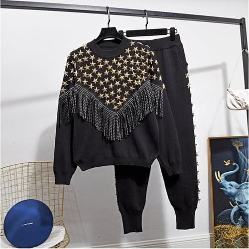 Autumn New Two Piece Set Tracksuit Women Fashion Beading Tassel Knitted Sets + Temperament Knit Pants 2 Piece Set Women H679