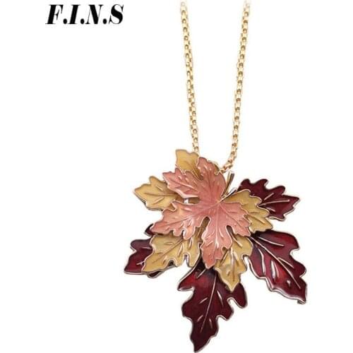 F.I.N.S 1PC Unique Maple Leaves Statement Necklace Vintage Gold Color Long Sweater Pendant Necklace Women Enamel Fashion Jewelry